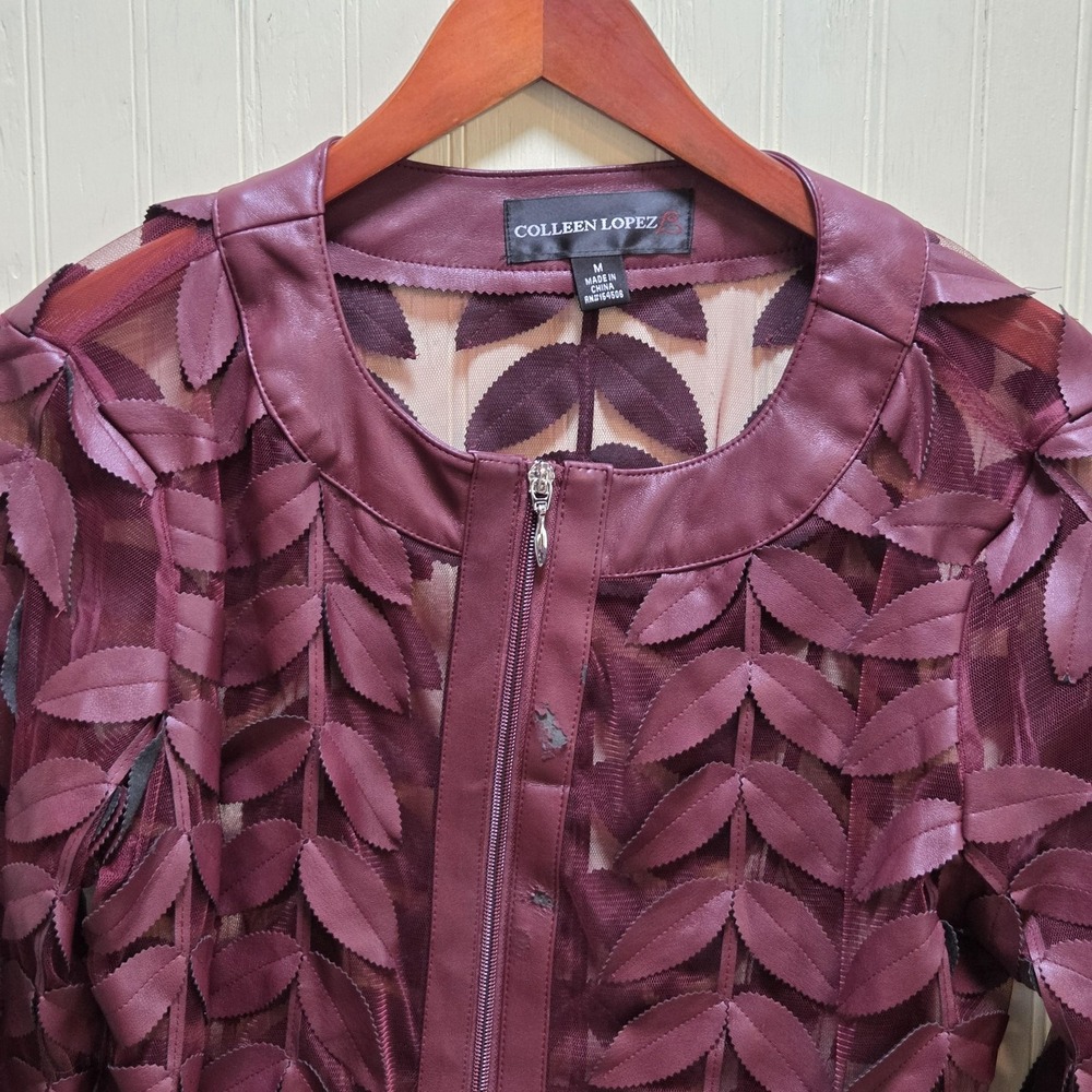 Colleen Lopez Jacket Womens Medium Purple Mesh Leaf Cutout Full Zip Sheer